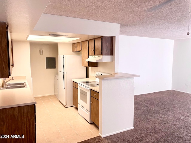 kitchen with electric stove, light colored carpet, electric panel, sink, and a textured ceiling