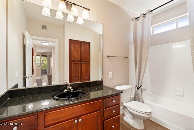 full bathroom featuring shower / tub combo with curtain, visible vents, toilet, vanity, and tile patterned flooring