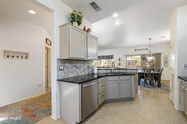 kitchen with dishwasher, sink, hanging light fixtures, and gray cabinetry