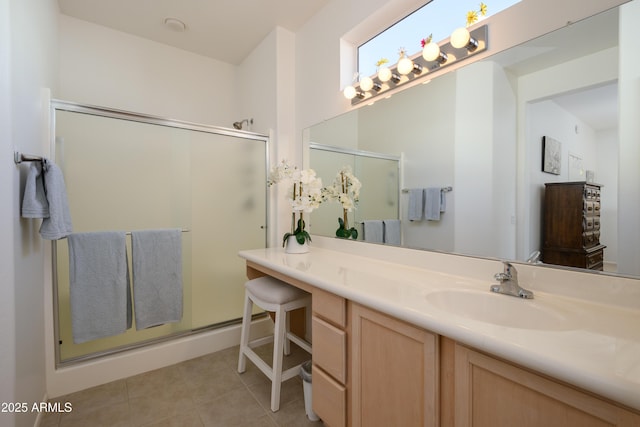 bathroom featuring tile patterned flooring, vanity, and a shower with door