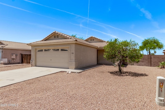 330 S Valley Dr, Apache Junction, AZ 85120 - ranch-style home featuring an attached garage, stucco siding, driveway, and a tile roof