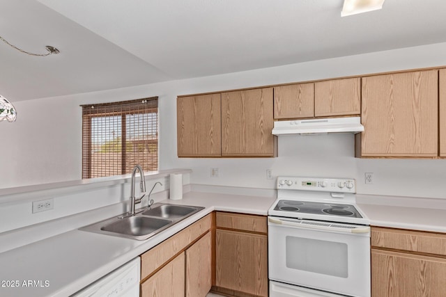 330 S Valley Dr, Apache Junction, AZ 85120 - kitchen with white appliances, under cabinet range hood, a sink, light countertops, and light brown cabinets