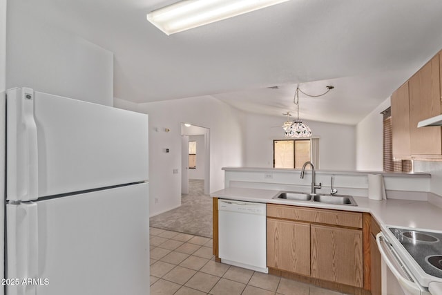 330 S Valley Dr, Apache Junction, AZ 85120 - kitchen with white appliances, a sink, light tile patterned flooring, light carpet, and light countertops