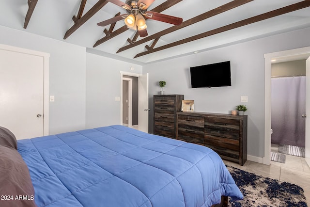 tiled bedroom with ceiling fan and lofted ceiling with beams