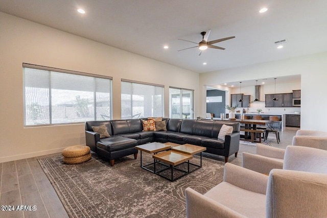 living room with ceiling fan and hardwood / wood-style floors