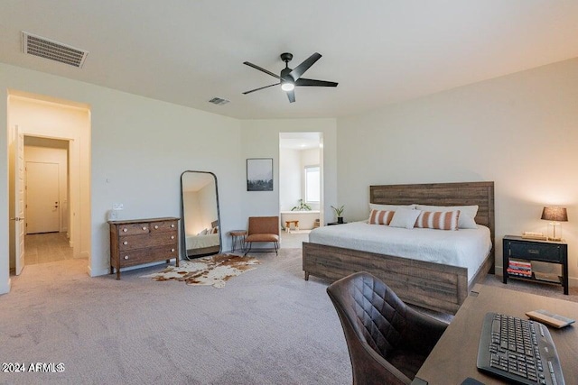 bedroom featuring ceiling fan and light colored carpet