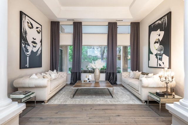 living room with decorative columns, a raised ceiling, and wood finished floors