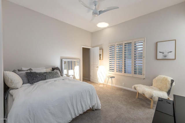 bedroom featuring baseboards, carpet, and ceiling fan