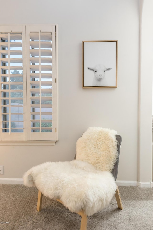 living area with baseboards and carpet