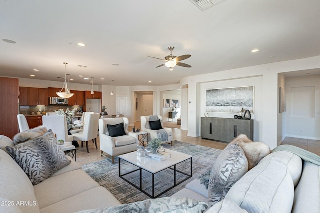 living room with ceiling fan