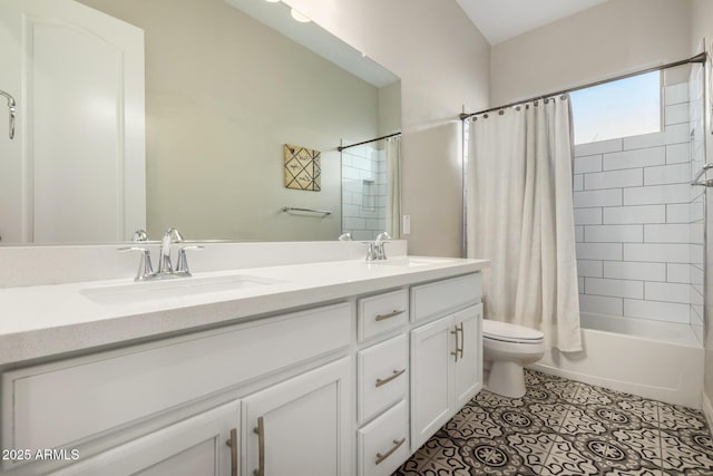 8772 W Brooklite Ln, Peoria, AZ 85383 - bathroom with double vanity, shower / bathtub combination with curtain, toilet, and tile patterned floors