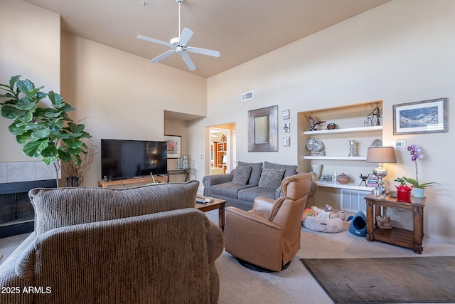 11260 N 92nd St Unit 2111, Scottsdale, AZ 85260 - carpeted living area featuring ceiling fan and high vaulted ceiling