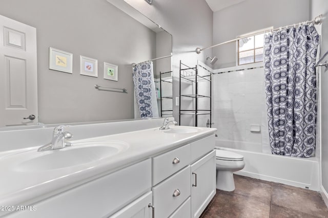 full bath with shower / bath combo with shower curtain, double vanity, and toilet