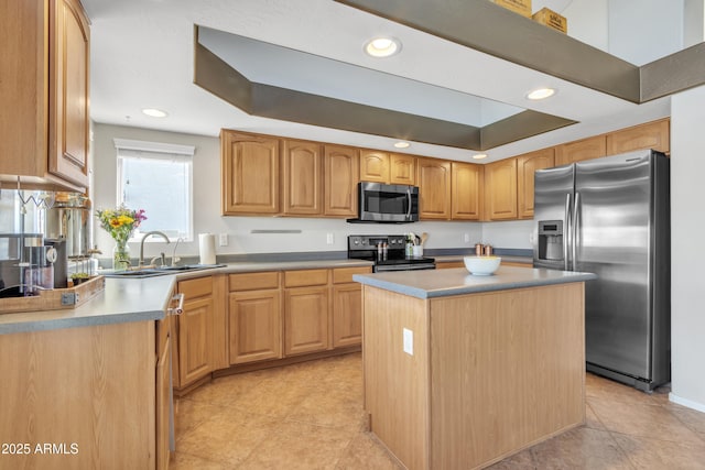 kitchen with a tray ceiling, a center island, recessed lighting, appliances with stainless steel finishes, and a sink