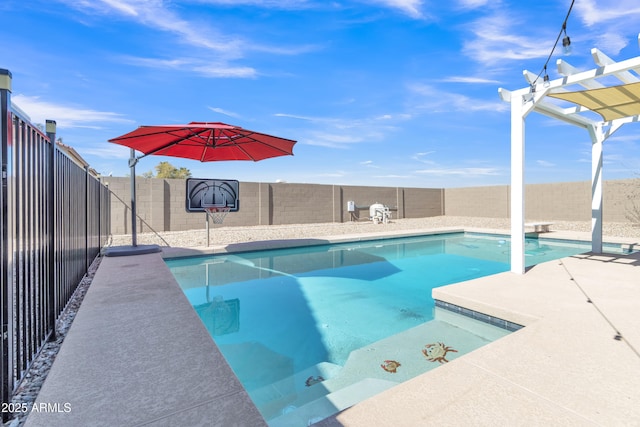 view of swimming pool featuring a fenced in pool, a fenced backyard, a patio, and a pergola