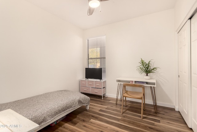 bedroom featuring ceiling fan, dark wood-type flooring, and a closet