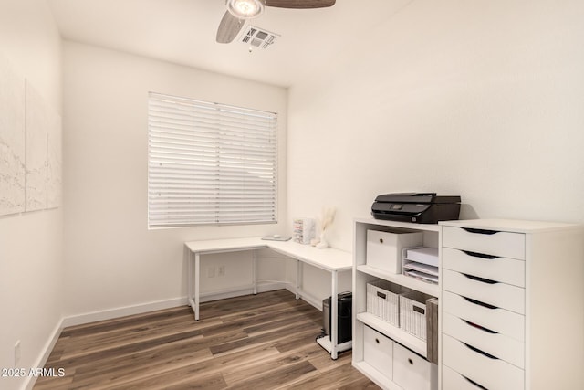 office space with ceiling fan and dark hardwood / wood-style flooring