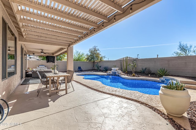 view of pool with a patio area, ceiling fan, and pool water feature