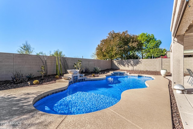 view of pool featuring pool water feature and a patio