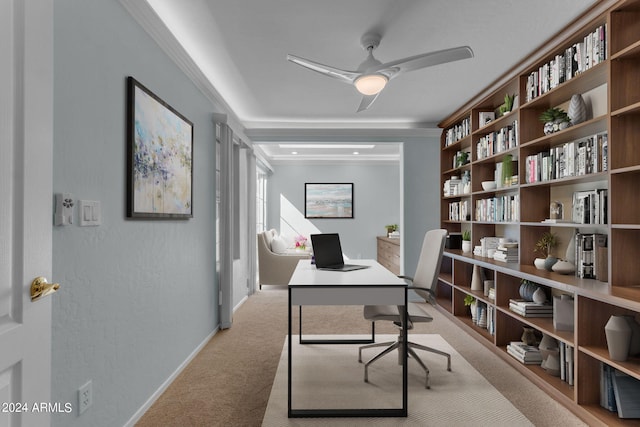 office with ceiling fan, light colored carpet, and ornamental molding