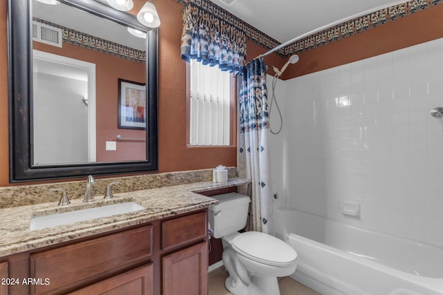 full bathroom with shower / bath combination with curtain, vanity, and toilet