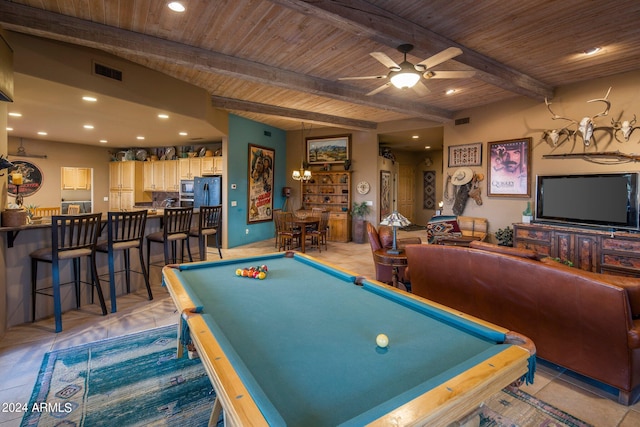 game room featuring wooden ceiling, light tile floors, pool table, ceiling fan, and beam ceiling