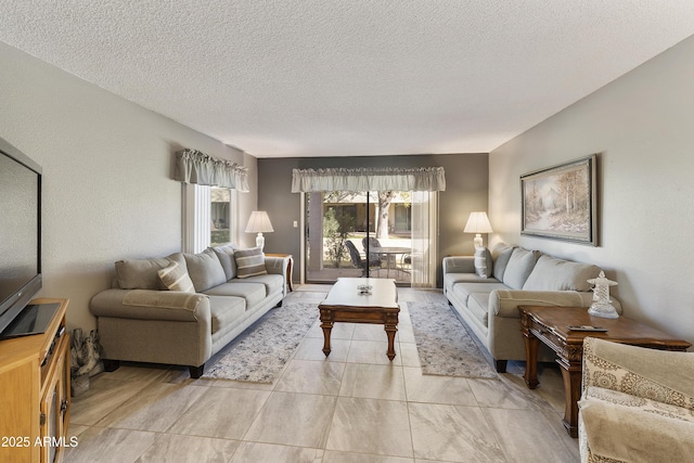 living room featuring a textured ceiling