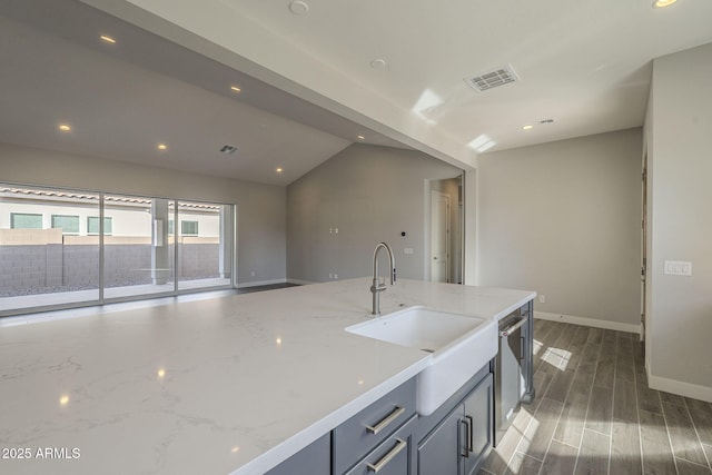 10972 N Hershey St, Surprise, AZ 85388 - kitchen with visible vents, dark wood finished floors, lofted ceiling, light stone countertops, and a sink