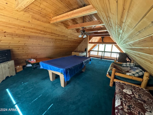 unfurnished bedroom featuring vaulted ceiling with beams, wood ceiling, pool table, wooden walls, and carpet