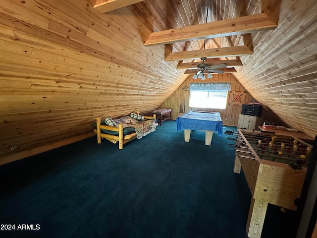 rec room with vaulted ceiling with beams, wood walls, wooden ceiling, ceiling fan, and carpet