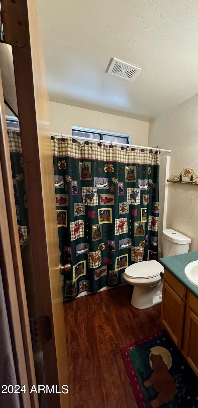 bathroom with hardwood / wood-style flooring, vanity, toilet, and a textured ceiling