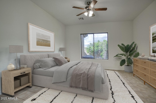 bedroom with light tile patterned flooring, visible vents, and a ceiling fan