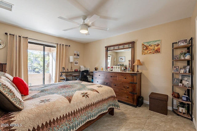 bedroom featuring baseboards, a ceiling fan, visible vents, and access to exterior