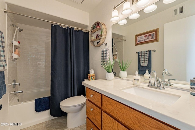 bathroom featuring shower / tub combo, visible vents, toilet, tile patterned flooring, and vanity