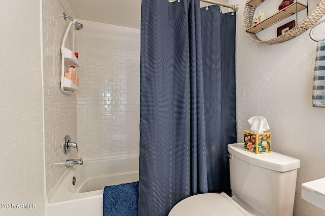 full bathroom featuring toilet, shower / bath combo with shower curtain, and a textured wall