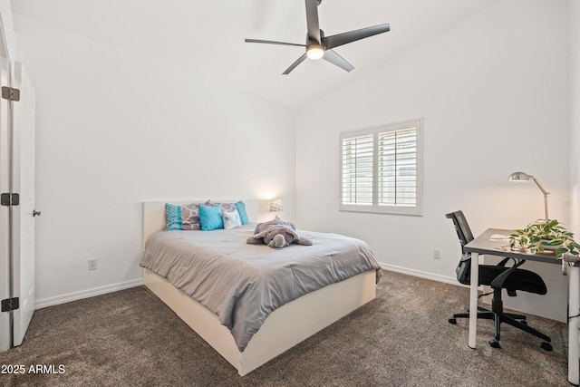 carpeted bedroom featuring baseboards, a ceiling fan, and vaulted ceiling