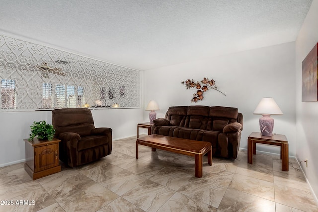 living room with a textured ceiling