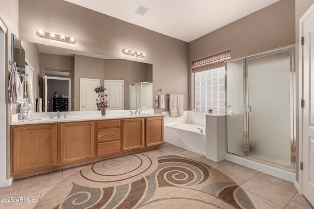 25845 N 44th Ave, Phoenix, AZ 85083 - full bathroom featuring a sink, double vanity, tile patterned floors, a shower stall, and a bath