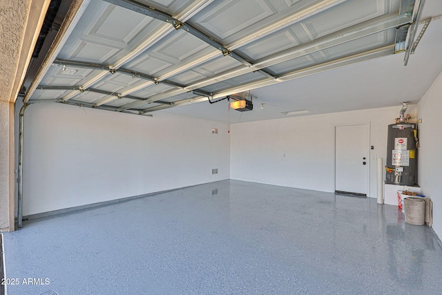 garage with gas water heater and a garage door opener