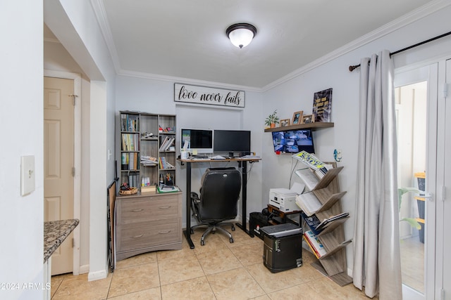 office space with crown molding and light tile patterned floors