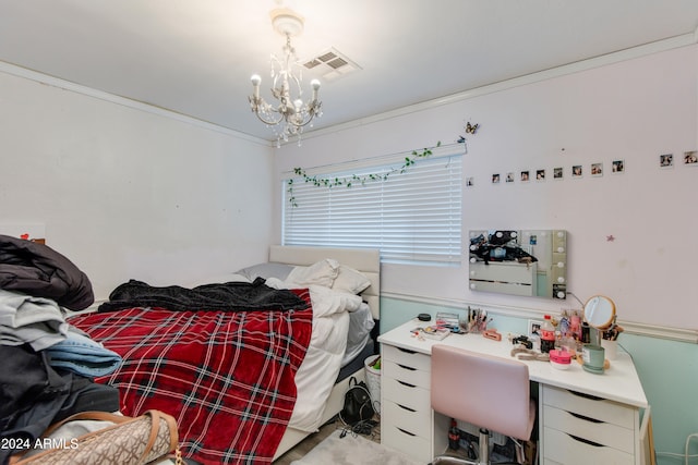 bedroom featuring a notable chandelier and ornamental molding