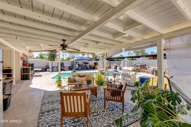 7830 N 17th Ave, Phoenix, AZ 85021 - fenced backyard with grilling area, a storage shed, an outdoor living space, a patio, and ceiling fan