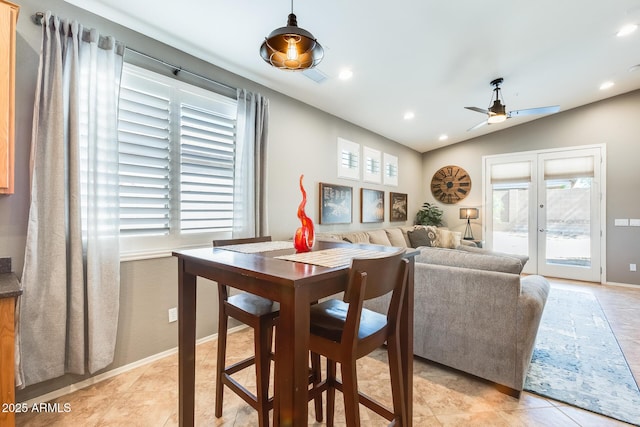 dining room with recessed lighting, lofted ceiling, french doors, and ceiling fan