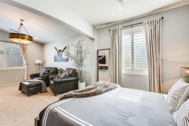bedroom featuring carpet flooring, baseboards, and vaulted ceiling