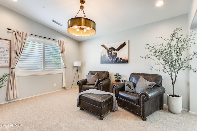 living area with carpet floors, recessed lighting, visible vents, and lofted ceiling