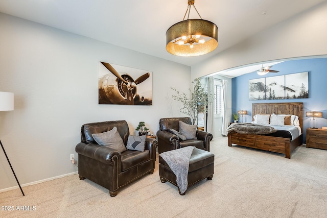 carpeted bedroom featuring arched walkways, baseboards, an inviting chandelier, and lofted ceiling