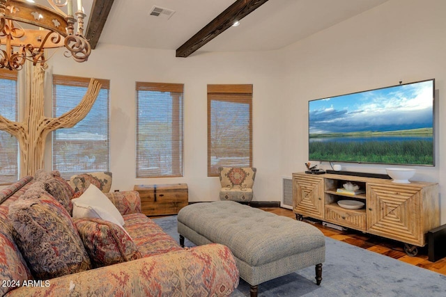 living room with beamed ceiling and wood-type flooring