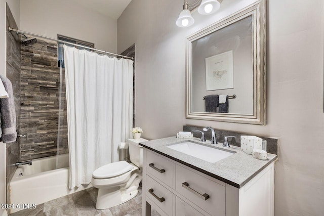 full bathroom featuring shower / bath combination with curtain, toilet, and vanity