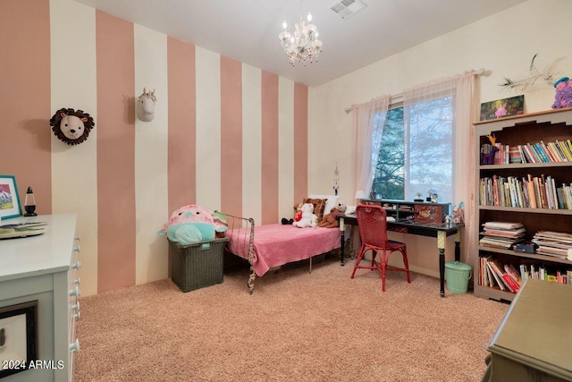 bedroom featuring an inviting chandelier and carpet flooring