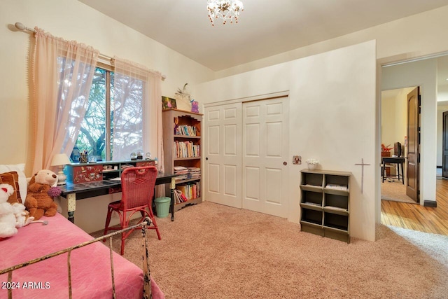 bedroom featuring a closet and carpet flooring